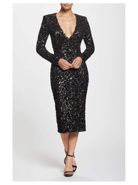 Dress the Population Elizabeth Black Sequin Plunge Midi Dress Size S